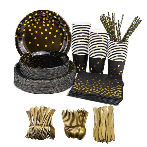 160Pieces Disposable Party Dinnerware Set Black and Golden Dot Disposable Party Cutlery Set - Black Paper Salad Plates Napkins Cups, Gold Plastic Forks Knives Spoons