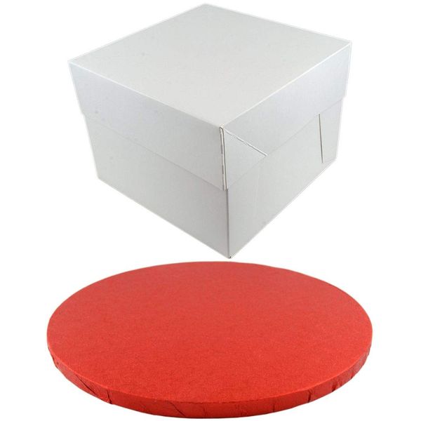 Doric ROUND COLOURED Drum cake BOARD and white transporting BOX (8 Inch, Red)