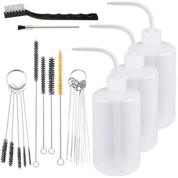 Roshtia 24 Pcs Spray Gun Cleaning Kit 3 Pcs Bottle and 21 Pcs Spray Paint Gun Cleaning Brushes 500ml Plastic Squeeze Wash Bottle Tube Bottle Brushes Paint Gun Cleaning Kit