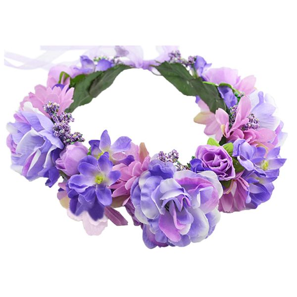 Brikuinr Floral Wreath Headband Flower Wreath Crown Hair Wreath Hair Garland Flower Halo Floral Headpiece Boho with Ribbon Wedding Party Festival Purple