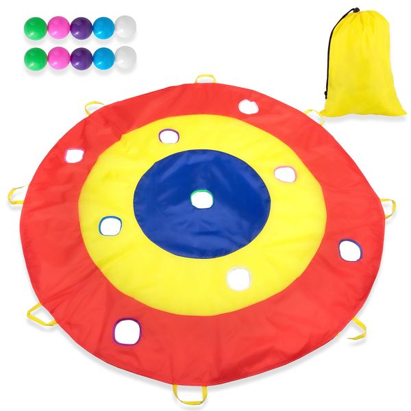 Play Platoon Hole Tarp Team Building Games for Work 72 Inch Parachute for Kids with 8 Handles & 10 Ball Pit Balls, 6 Foot Hole Tarp Games for Toddlers, Polyester Parachute for Children