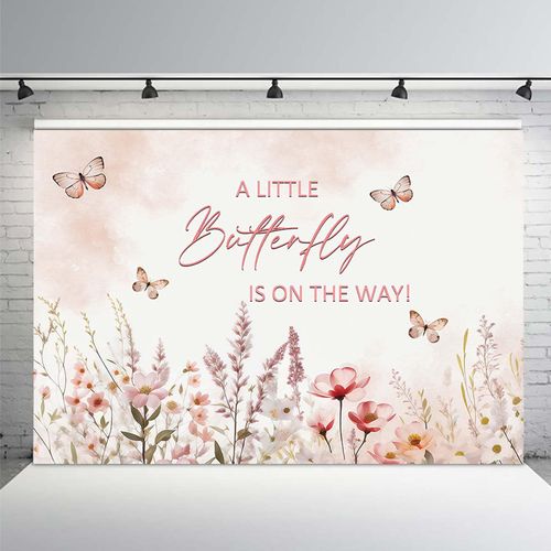 MEHOFOND 7x5ft Butterfly Baby Shower Backdrop Pink Watercolor A Little Butterfly is On The Way Baby Shower Party Decorations Wildflower Butterfly Theme Girl Banner Photography Background Props