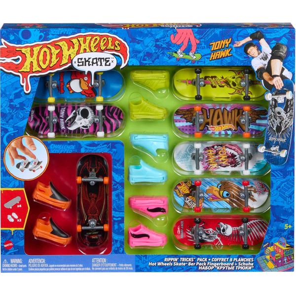 Hot Wheels Skate Rippin' Tricks Pack - 8 Fingerboards and 4 Pairs of Skateboard Shoes with Tony Hawk Inspired Designs, for Ages 5 and up, HMY19