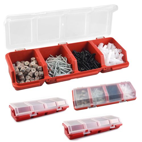 Screw Organizer Storage Bins, 4 Pack Stackable Bins with Lids, Divider Compartment Containers for Garage / Craft Tool Organizing, Tool Cart Cabinet Workbench Drawers Organization and Storage (Red)