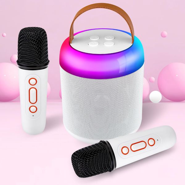 Kids Karaoke Machine, Portable Bluetooth Speaker with 2 Wireless Microphones, Dynamic Lights Karaoke Machine for Kids, Birthday Party Home, Outdoor(White)