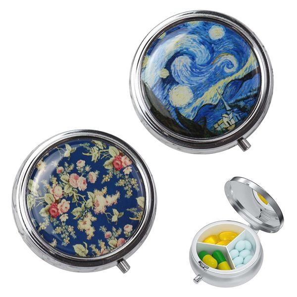 PAVIKE Pill Case, Portable Medicine Case, Pack of 2, Fashion with Small Mirror, 3 Compartments, Round, Metal Storage Box, For Pills, Earrings, Necklaces, Rings and Other Small Items