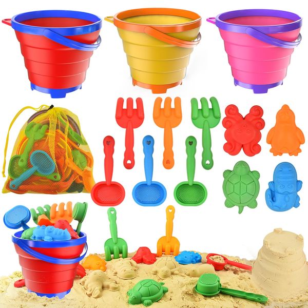 Collapsible Beach Sand Toys for Toddler Sand Toys for Kids 3 Packs Foldable Buckets with Sand Molds,Shovels&Mesh Bag for Beach Summer Outdoor Activities,Travel Sandbox Beach Toys for Kids Boys Girls