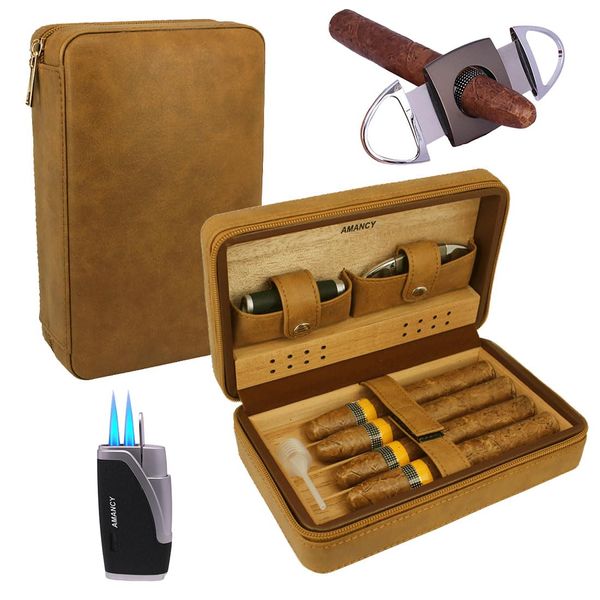 AMANCY Durable Travel Cedar Wood Lined 4 Cigar Humidor Case，Beautiful Black Brown Leather Cigar Storage Box with Cutter and Lighter Accessory Set