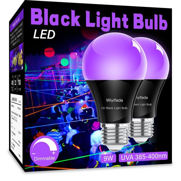 Wiyifada LED Black Light Bulbs 2 Pack, A19 9W UV Black Light Replace Up to 100W, 120V E26 Base Black Lights UVA Level 385-400nm, Glow in The Dark for Body Pain, Blacklights Party, Halloween