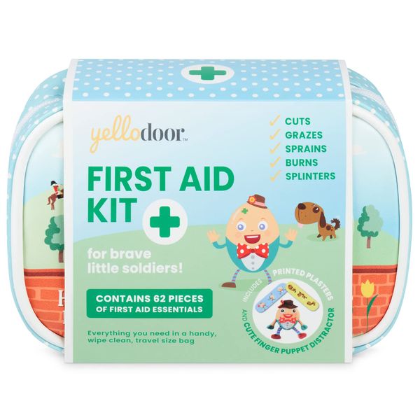 Baby First Aid Kit - 62 Pieces of Essential Medical Grade Supplies for Kids, Family, Home, Car and Travel - Includes Distractor and Reward Stickers. 100% Vegan