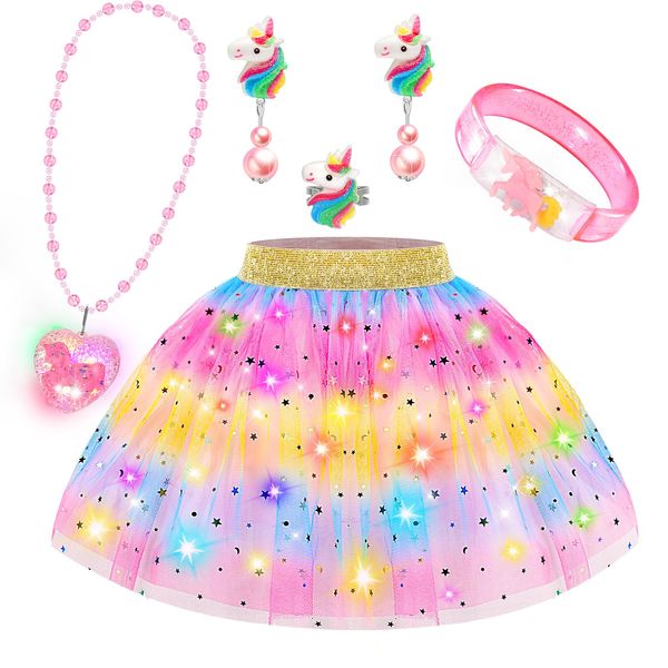 Princess Dress Up for Girls 4-6, Toddler Toys for Ages 3-8, 6 PCS Light Up Toddler Dress Up Clothes with Bracelet, Necklace, Kids Toys for 3 4 5 6 7 8 year old Girl Christmas Halloween Birthday Gift