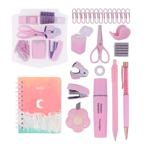 Mini Tacker Kit Bürozubehör Kits – Enthält Mini Stacker, Schere, Heftferner, Heftklammern, Bandspender… (Pink Set)
