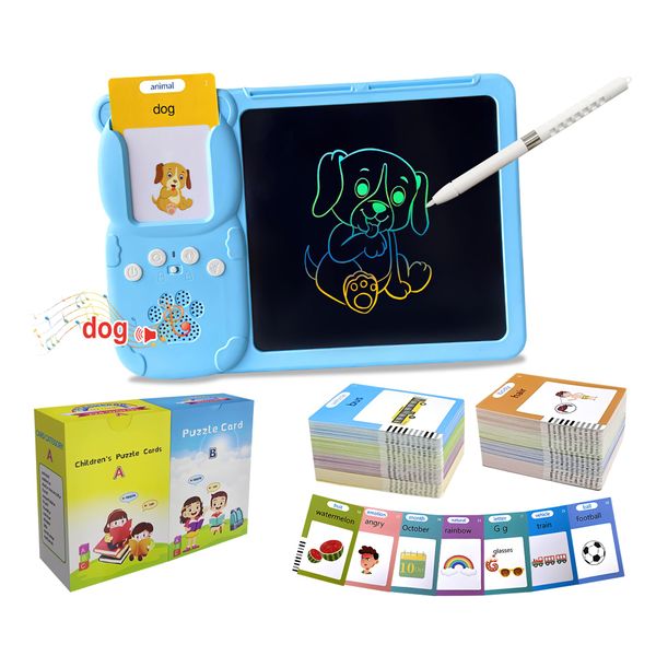 Rylai Toddler Toys Drawing Tablet with Talking Flash Card, Drop Resistant LCD Writing Tablet,510 Sight Words Pocket Speech Audible Flashcards, Learning & Education Toys for 2,3,4,5,6 Years Old Blue