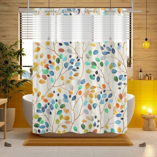 No Hook Colorful Shower Curtain with Snap in Liner, Abstract Watercolor Leaves Bathroom Decor, Waterproof Fabric with See Through Top Window Open Grommet Bath Curtain, 71x74 Inch