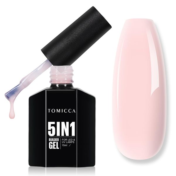 TOMICCA 5 in 1 Builder Nail Gel- 15ML Builder Base Strengthening nude Nail Gel for Hard Strong Nails Tips & Extensions, UV Nail Gel Polish for Nails Repair, Nail Art Supplies Easy to Shape (Milk Pink)