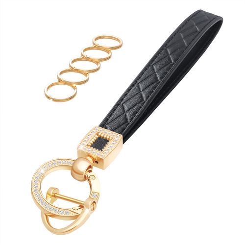 OHKYOOT Microfiber Leather Wristlet Keychain,Key Chain Holder Car Keys Keychain with 5 Key Ring and Anti-Lost D Ring (Black Gold)