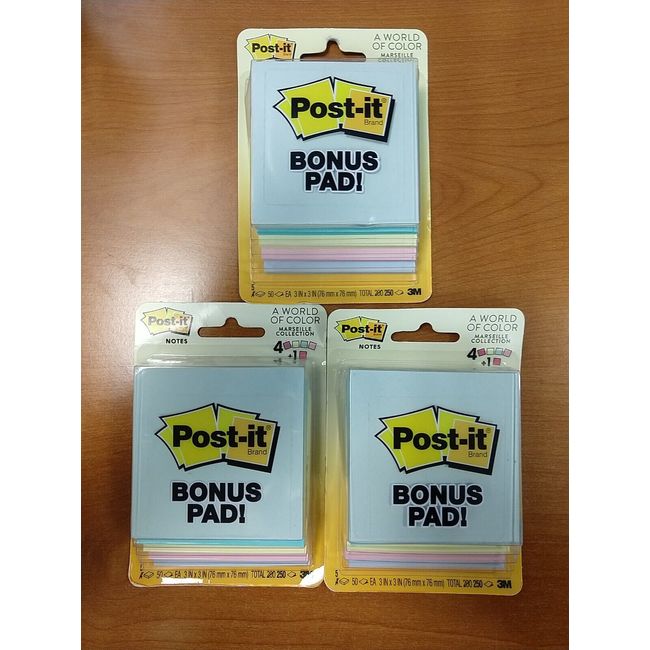 3 Packs: Post-It 3 in. x 3 in.  Assorted 5 Pads/250 Sheets Per Pad  -E5D