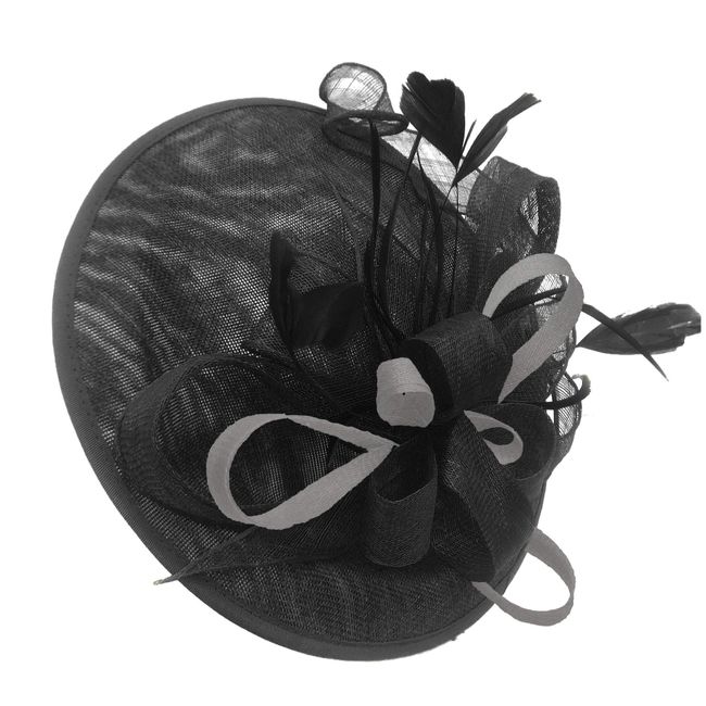 Caprilite Black and Silver Grey Sinamay Big Disc Saucer Fascinator Hat for Women Weddings Headband