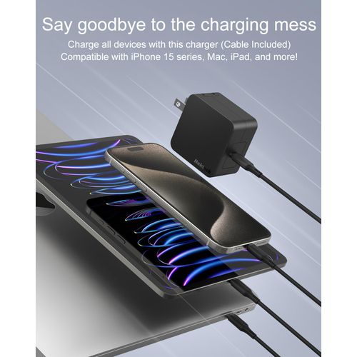 Nekteck 60W USB C Charger [GaN Tech], PD 3.0 Fast Charging [USB-IF & ETL Certified] with Foldable Plug, Compatible with MacBook Air/Pro, iPhone 15
