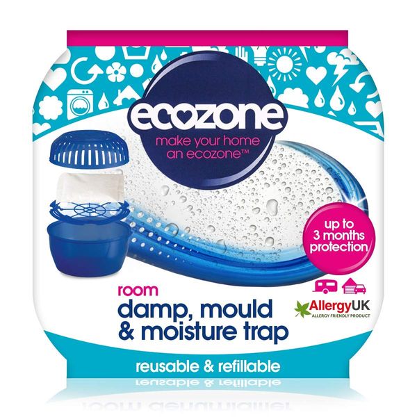 Ecozone Room Damp, Mould & Moisture Trap, Portable Dehumidifier Device, Re-Usable & Re-Fillable, 3 months Protection for Bedrooms, Bathrooms, Garages, Kitchens & Caravans, Vegan Friendly (Single)