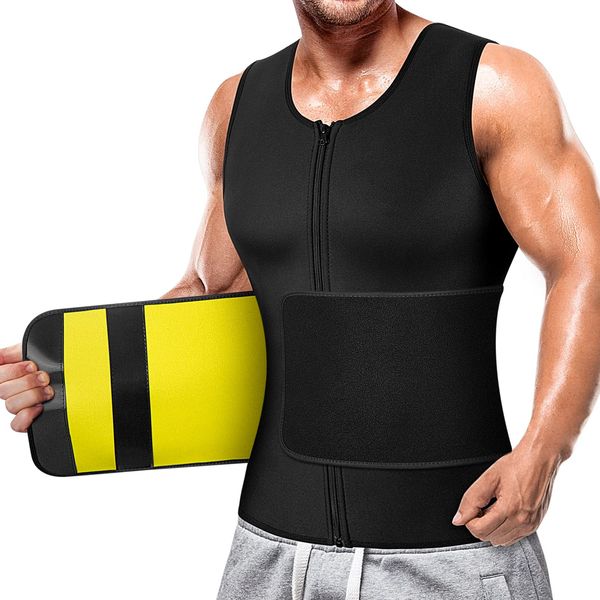 Cimkiz Mens Sweat Sauna Vest for Waist Trainer Zipper Neoprene Tank Top, Adjustable Sauna Workout Zipper Suit (Yellow, Large)