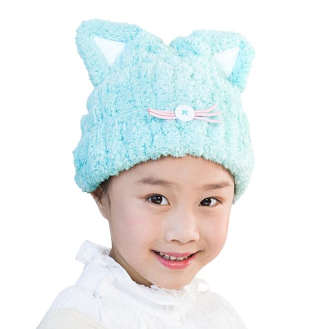 fogman Towel Cap, For Children, Cat Ears, Dry Cap, Kids, Cute, Pool, Quick Drying, For Adults (Blue)