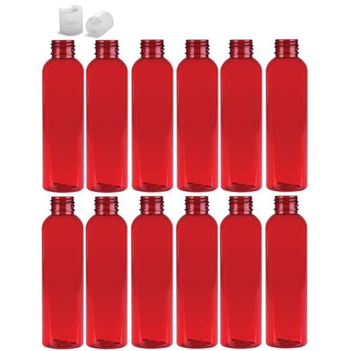 Premium Essential Oil 4 Ounce Cosmo Round Bottles, PET Plastic Empty Refillable BPA-Free, with Natural Color Press Down Disc Caps (Pack of 12) (Red)