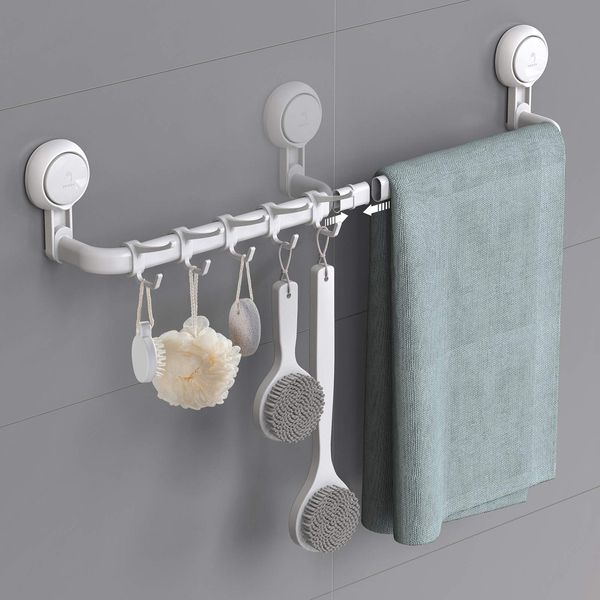 Ulinek Towel Holder, 64cm/36cm Suction Cup Bath Towel Rail, Reusable Wall Mounted Towel Rack, 5 Hooks, White, Glass, Plastic, Stainless Steel