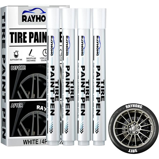 Tire Paint Marker Pen, Art Marker, 4 Tire Markers White Marker Pen, White Letter Tire Pen, White Marker Pen, White Tire Marker for Car Tire, Rubber, Metal, Water Based Ink, Car Decoration