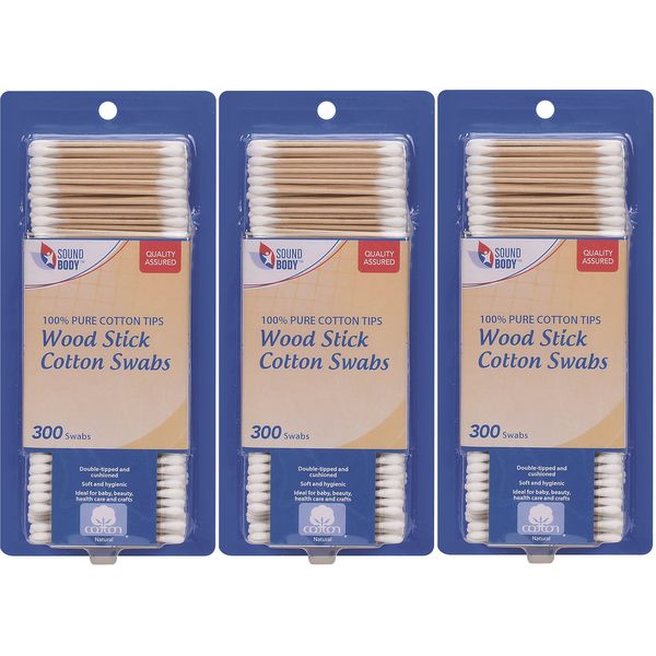 Wood Stick 100% Cotton Swabs by Sound Body - Double Tipped and Cushioned - 3 pack - Total 900 Count