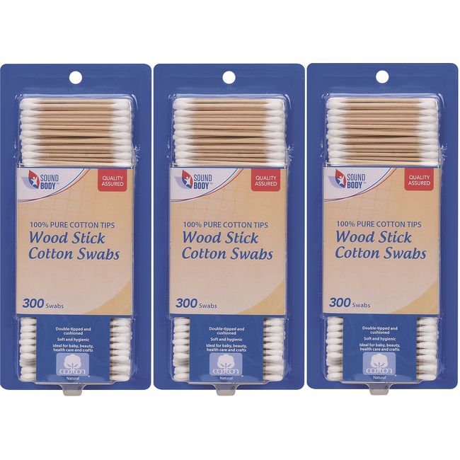 Wood Stick 100% Cotton Swabs by Sound Body - Double Tipped and Cushioned - 3 pack - Total 900 Count