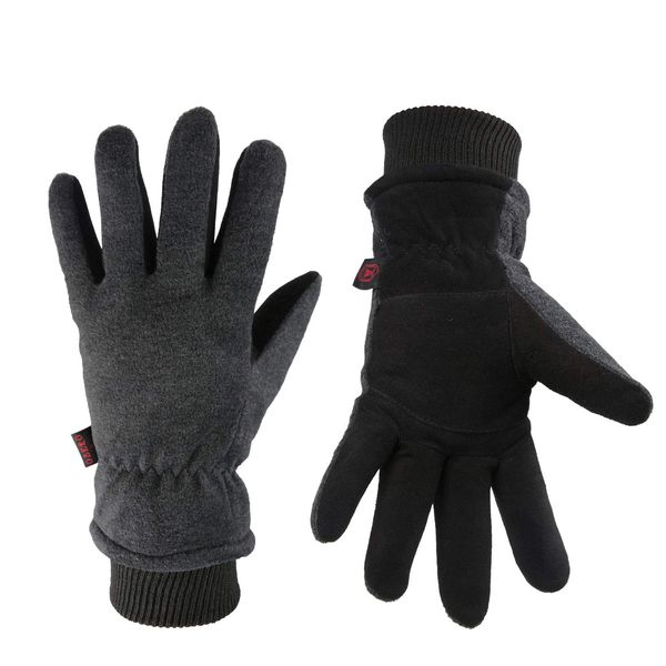 OZERO Winter Gloves for Men Women: Water-Resistant Windproof Work Gloves Leather Palm for Cold Weather Driving, Shoveling Snow, Hiking (Gray,Medium)