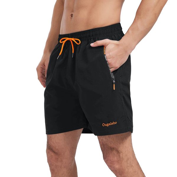 Ougelebo Badehose Herren Badeshorts Herren Kurz Schnelltrocknend Männer Schwimmhose Schwimmshort Herren mit Reißverschluss Swimming shorts Men Schwarz M