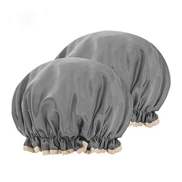 2 Pack Double-Layer Shower Cap Women Waterproof Polyester Bath Hats High Elastic Solid Color Bathing Cover Reusable Hair-dying Makeup Cap Foldable Headgear Caps for Shower Spa Makeup Cooking Salon