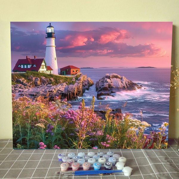 Native America Lighthouse Paint by Numbers Kits 16x20 inch Usa Seaside Red House Canvas DIY Oil Painting for Kids, Adults Beginner Summer Seascape Artwork with Brushes, Girl Boy Gift(DIY Frame)