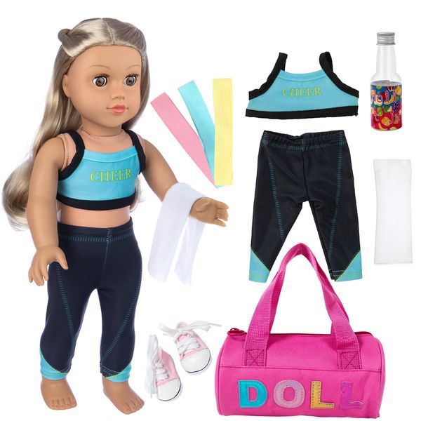 Ecore Fun 8 Piece 18 Inch Girl Doll Clothes and Accessories Set Include Yoga Sport Clothes Shoes Yoga Bands Towel Drink and Bag