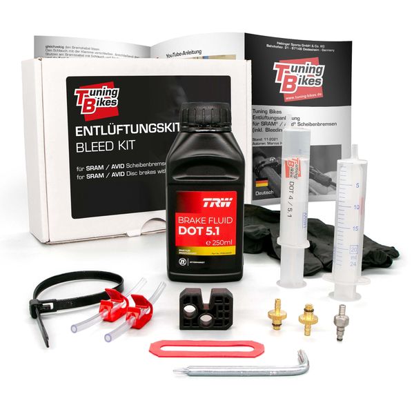 TB Entlüftungskit für SRAM/Avid Scheibenbremsen (inkl. Bleeding Edge) - Service Kit inkl. DOT 5.1 Bremsflüssigkeit - Bleed Kit für Bremsen wie Avid Elixir SRAM Code etc.