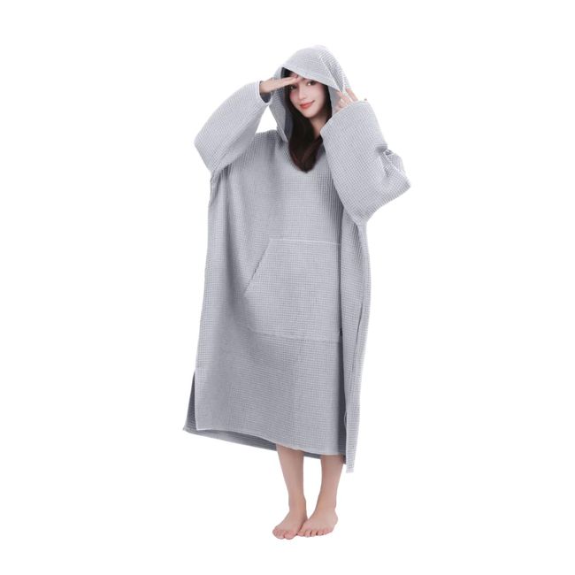 Totonoi Japan Sauna Poncho, Surf Poncho, Men's, Women's, Sauna, Loungewear, Washable, Washable, Pocket, Waffle Towel (Gray)