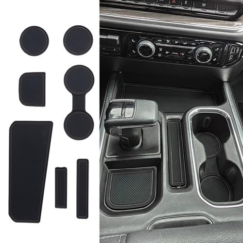 TOPINSTALL Black 7PCS Console Liners Compatible with 2023-2025 Chevy Silverado/GMC Sierra 1500 & 2022 Refreshed 1500 Models, Premium Rubber Non-Slip Cup Holder Mats（Full Console w/Bucket Seats ONLY）