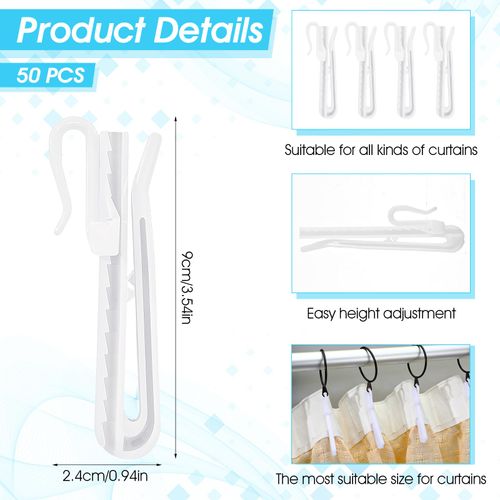 50Pcs Pinch Pleat Curtain Hooks Adjustable Plastic Drapery Hooks for Pleated Drapes Ratchet System Curtain Pleat Hook for Window Drapery Door Curtains Shower Curtains (90mm/3.54 Inch)
