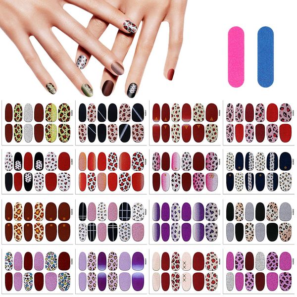 MWOOT 16 Sheets Leopard Full Wraps Nail Stickers with Nail File,Assorted Self Adhesive Nail Polish Stickers, Nail Art Decals Strips Manicure Kits for Women DIY Nail Art Decoration