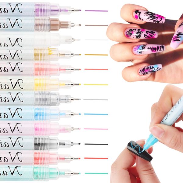 FSpronail 12 Colors Nail Art Pens Set Extra Fine 3D Nail Polish Pens Graffiti Nail Acrylic Paint Pens Drawing Painting Point Liner Pen for Halloween Christmas DIY Manicure Pens for Home & Salon