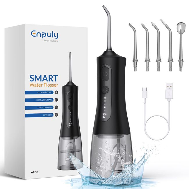 ENPULY Munddusche Testsieger 2023, 300ML Kabellos, 2000mAh Water Flosser 40 Tage Nutzungsdauer mit 4,5 Stunden Ladung, Zahndusche mit 5 Modi & 5 Düsen, Oral Irrigator für Familie & Freunde