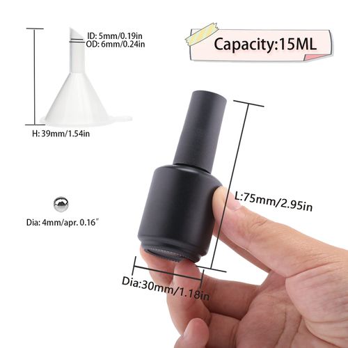 Agidea Empty Gel Nail Polish Bottles, 15ML Empty Nail Polish Bottles with Brush Matte Black, Opaque Round Refillable Fingernail Polish Bottles UV Safe with Mixing Balls & Funnels, Pack of 6
