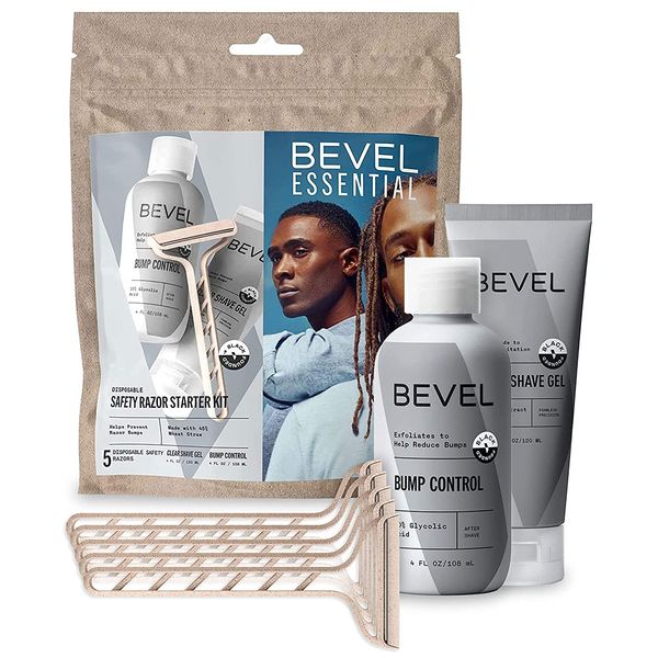 Bevel Essentials Disposable Safety Razor Shaving Starter Kit for Men, Includes 5 Stainless Steel Double Sided Safety Razors, Clear Shave Gel, and Post Shave Bump Control Cream