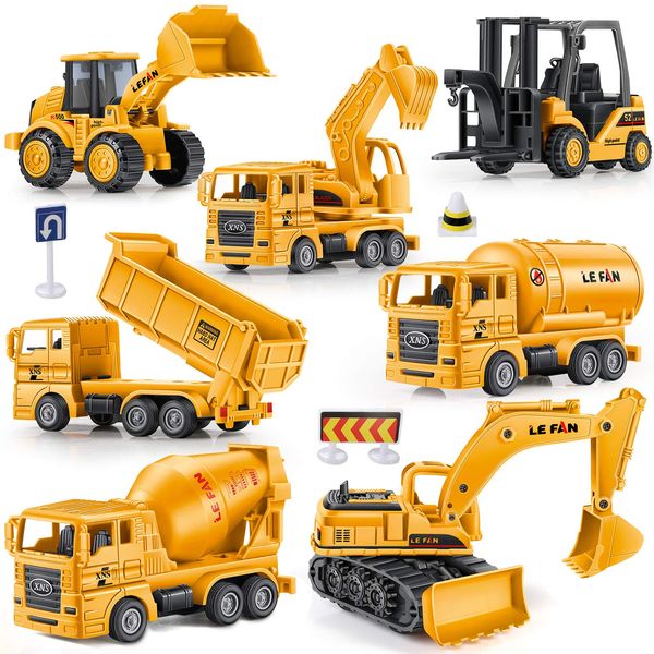 Construction Trucks Toy Set, Geyiie Upgraded Construction Vehicles Site for Kids Engineering Toys Playset for Boys, Pull Back Cars Excavator Digger Tractor Bulldozer Dump Cement Gifts for Party Favor