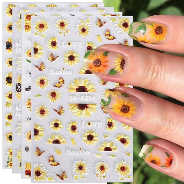 JMEOWIO 3D Girasole Fiore Estivo Adesivi Unghie Nail Art, Stickers Unghie Autoadesivi 5D Decorazioni Unghie Nail Art Disegni 4 Fogli