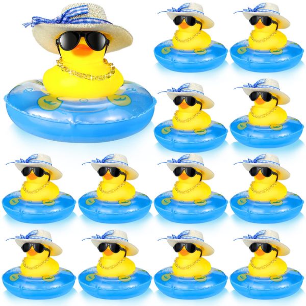 Summer Rubber Duck Mini Yellow Duck Bath Toys Duckies Car Dashboard Decorations with Mini Sun Hat Swim Ring Necklace and Sunglasses for Bathtub Shower Birthday Swimming (12 Set )