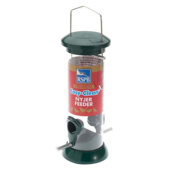 RSPB 68483197 Premium Hanging Nyjer Seed Feeder, Easy Clean, Aluminium, bird seed niger feeder. supporting charity. Wild bird, for use in gardens & outdoors pouches,Green, 9-inch