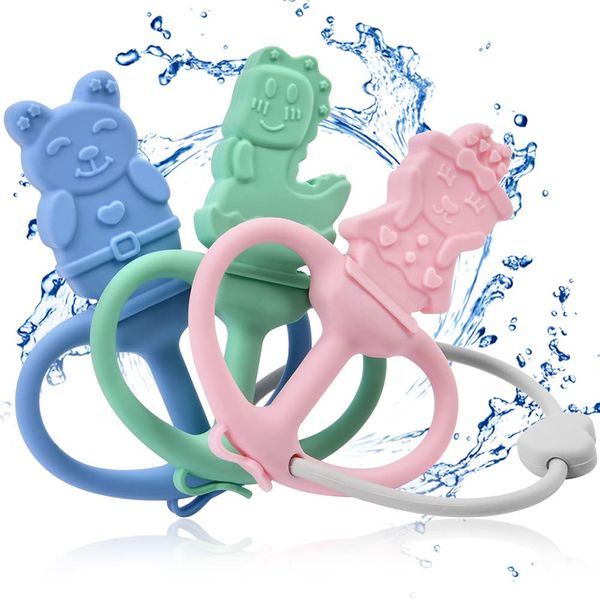 Aolso Cooler Teether, 3Pcs Soothing Teether, BPA-Free Silicone Teether for Babies, Cooling and Soothing Teething, Baby Teether with Silicone Rope for Infants Aged 3+ Months (Pink-Blue-Green)